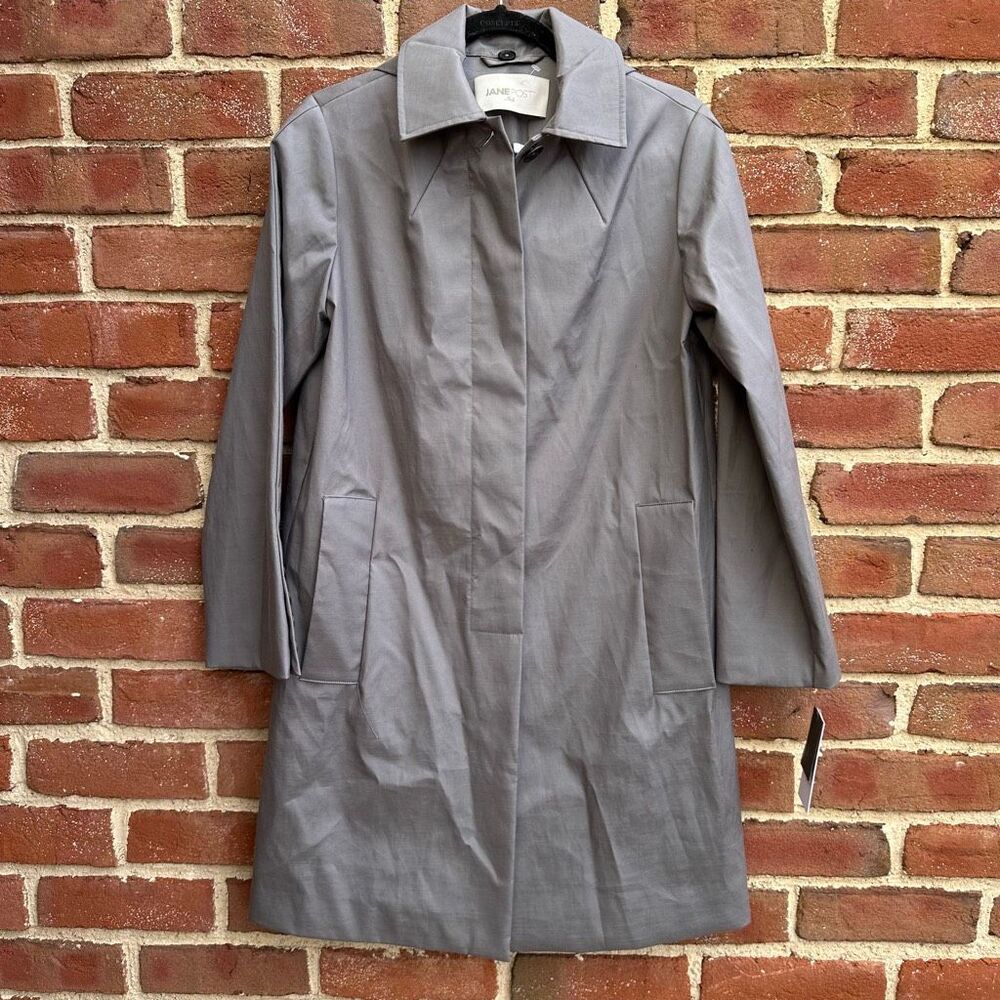 Jane Post $745 Hooded Mac Raincoat Concealed Button Gray Womens Small NEW